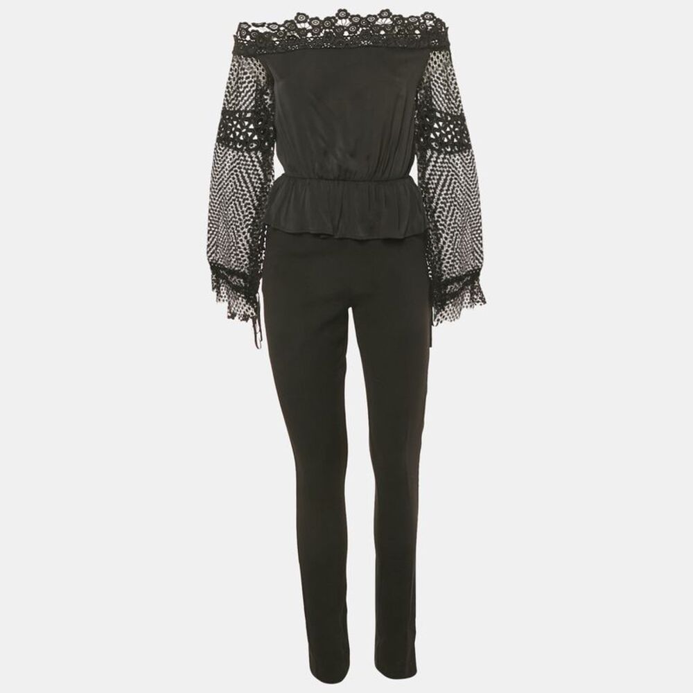 Self-Portrait Black Lace Trim Crepe Jumpsuit S